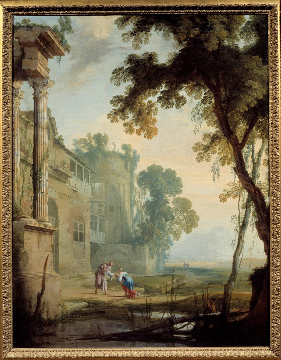 Krajina se skládá: žena, starý muž a dítě v krajině římských ruin s jezírkem. Obraz Henri Mauperche (1602-1688) od Henri Mauperche