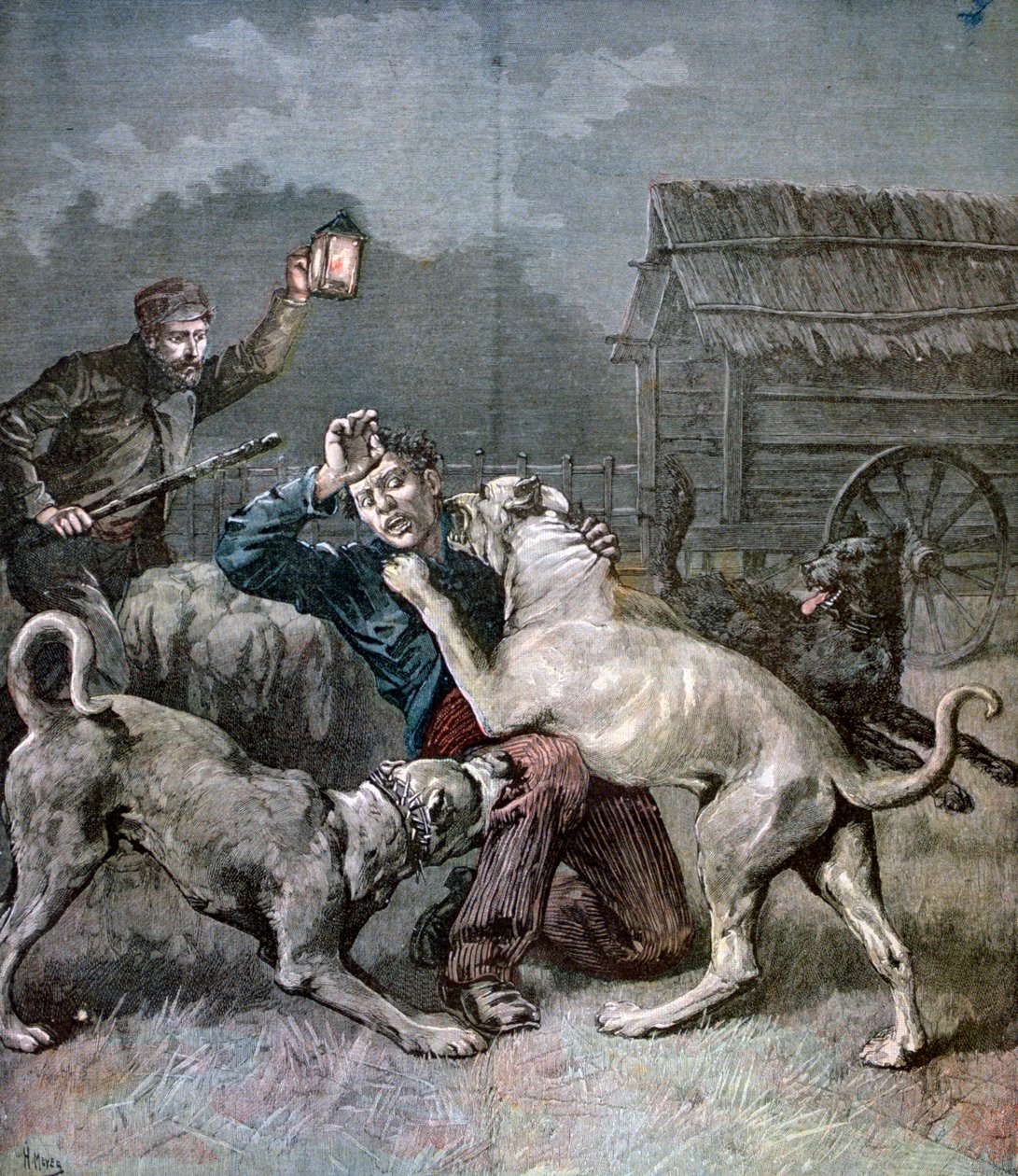 Zločinec napadený třemi velkými psy, 1891 od Henri Meyer