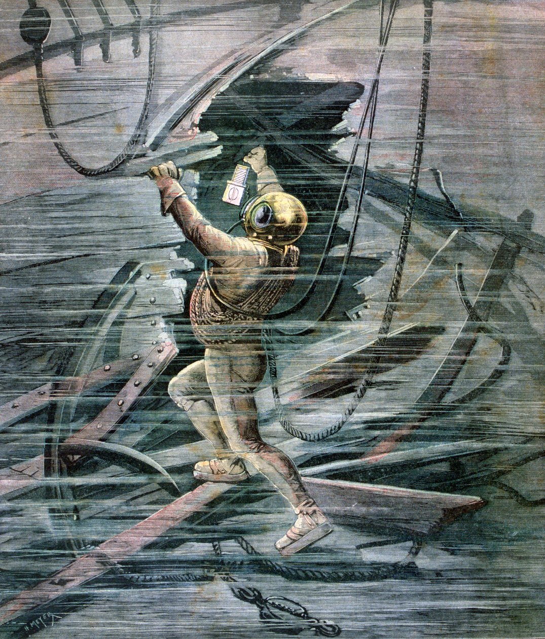 Potápěč hledající vrak v přístavu La Havre, Francie, 1892 od Henri Meyer