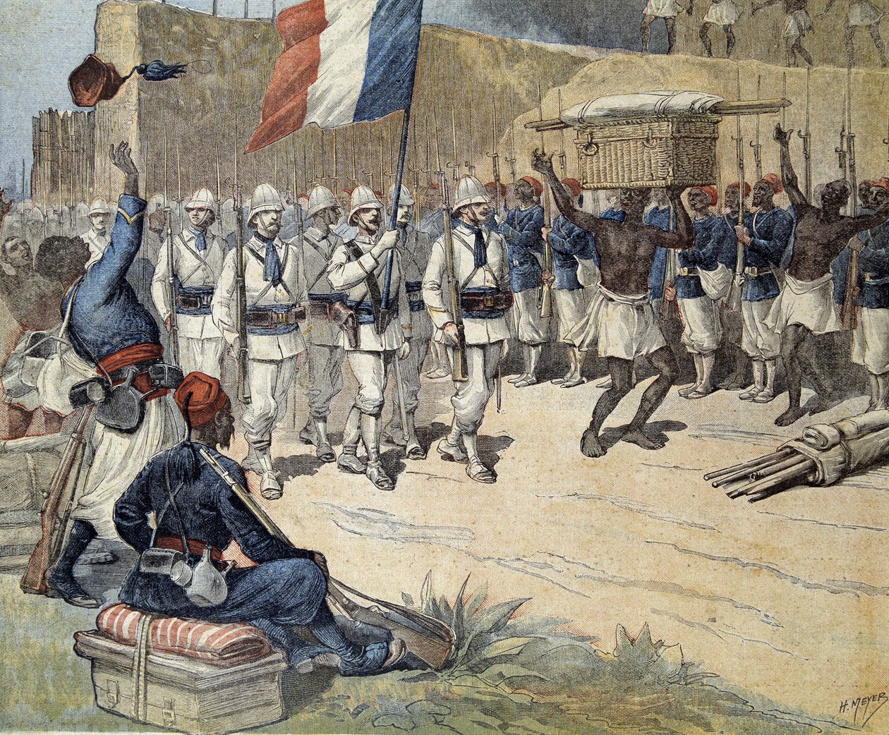 V Dahomey (nyní Benin): vstup francouzské vlajky na Abomey - v „“Le Petit Journal““ z 12.10.1892 od Henri Meyer