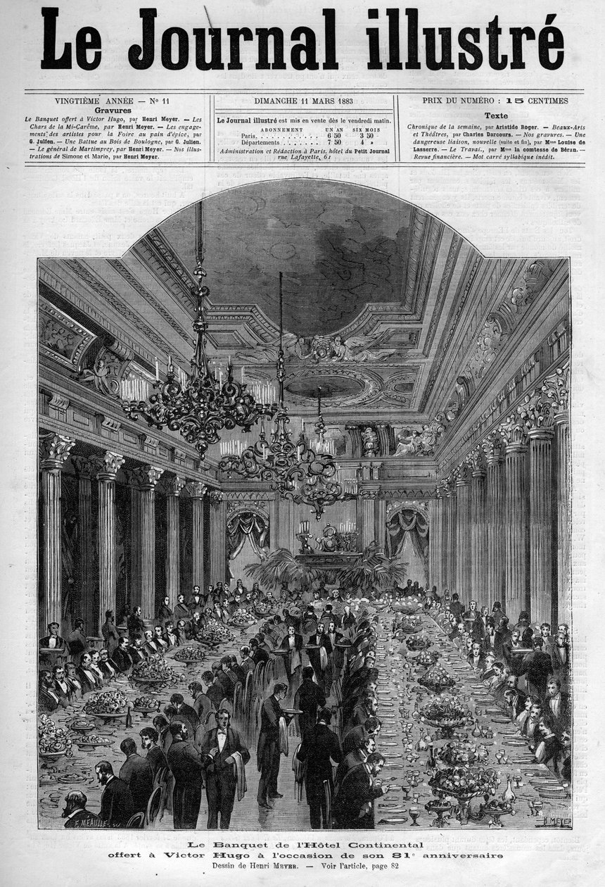 Banket nabídnutý Victoru Hugovi v hotelu Continental k jeho 81. narozeninám v roce 1883 - Titulní strana "The Illustrous Journal"" z roku 1883 - Kresba Henri Meyer (1844-1899) od Henri Meyer