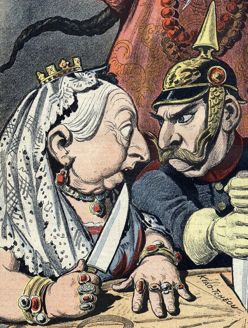 Karikatura královny Viktorie a karikatura německého krále Viléma II. 16. ledna 1898, detail z karikatury čínského imperialismu (oříznuto) od Henri Meyer