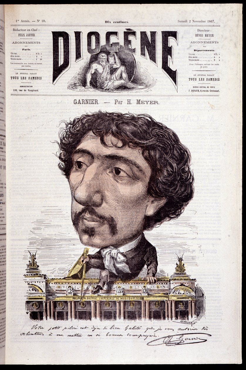 Karikatura Charlese Garniera, sedícího na svém díle, Opera Garnier - v „“ Diogenes““ z 2.11.1867 od Henri Meyer