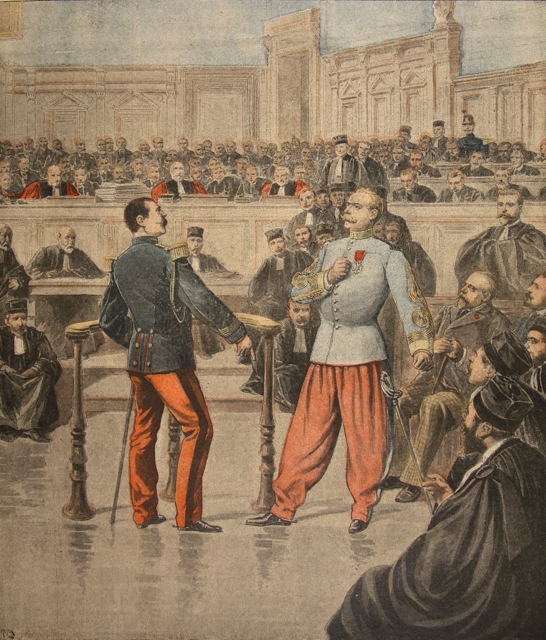 Plukovník Henry a podplukovník Picquart hovořící před soudem Assisses, ilustrace z 