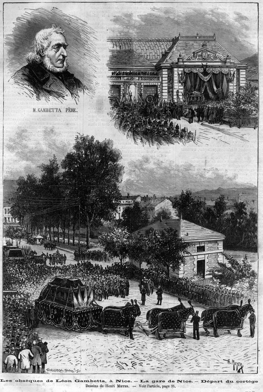 Smrt Leona Gambetty (1838-1882) Francouzský politik - Pohřeb Leona Gambetty v Nice - Nádraží v Nice - odjezd průvodu - v „Le journal illustrious““ z roku 1883 - Kresba Henri Meyer (1844-1899) od Henri Meyer