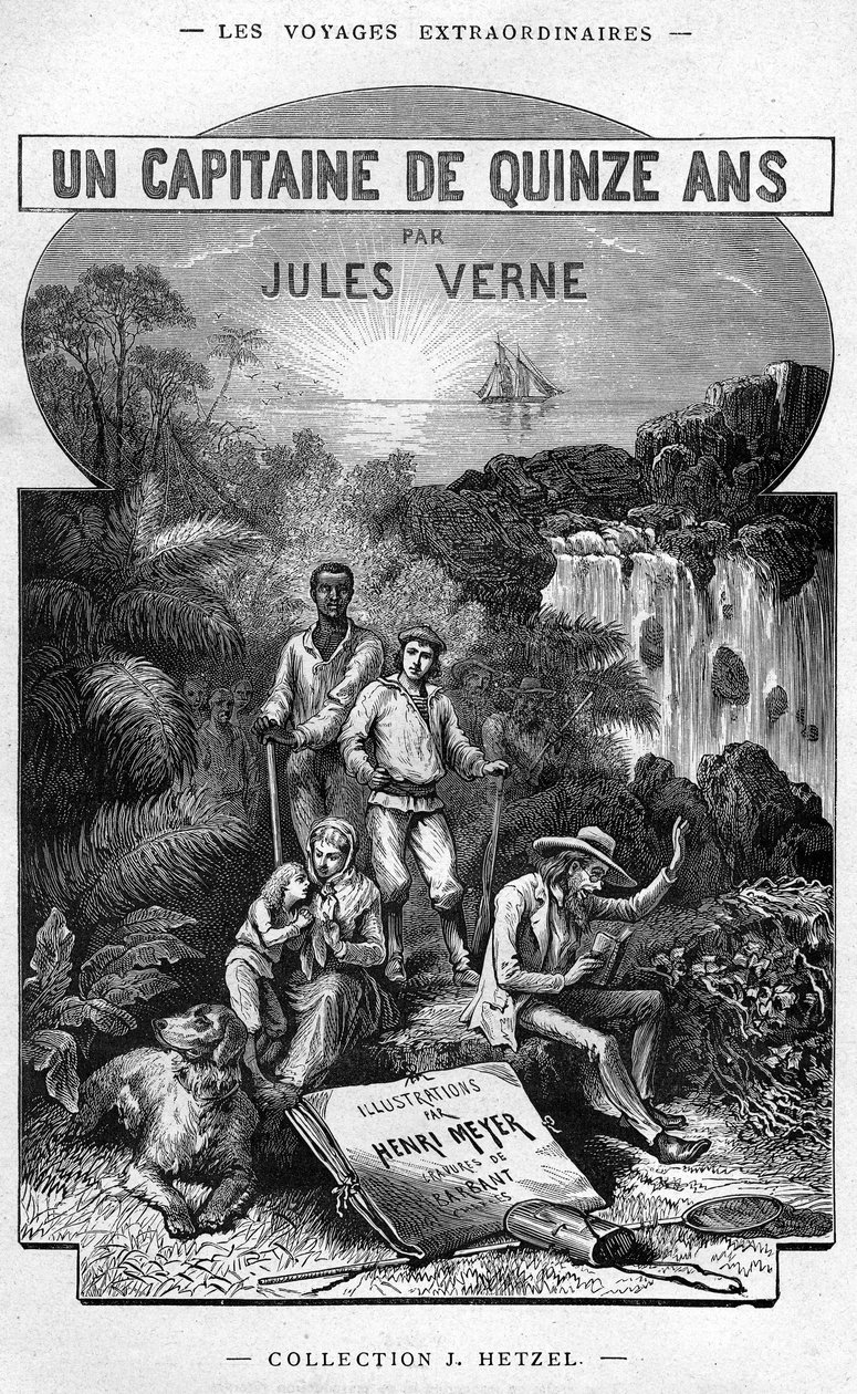 Frontispis z knihy Julese Verna „Patnáctiletý kapitán“, vydání Hetzel/ Mimořádné plavby 1878 od Henri Meyer