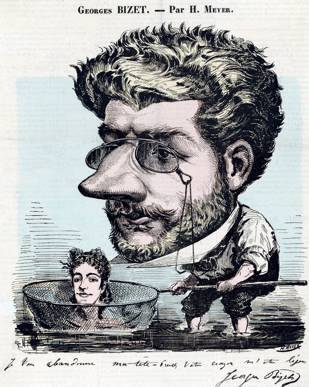 Georges Bizet (1838-1875), francouzský skladatel - karikatura, s autogramem od Bizeta, Henri Meyer dit Reyem (1844-1899) pro „“Diogene““ od Henri Meyer