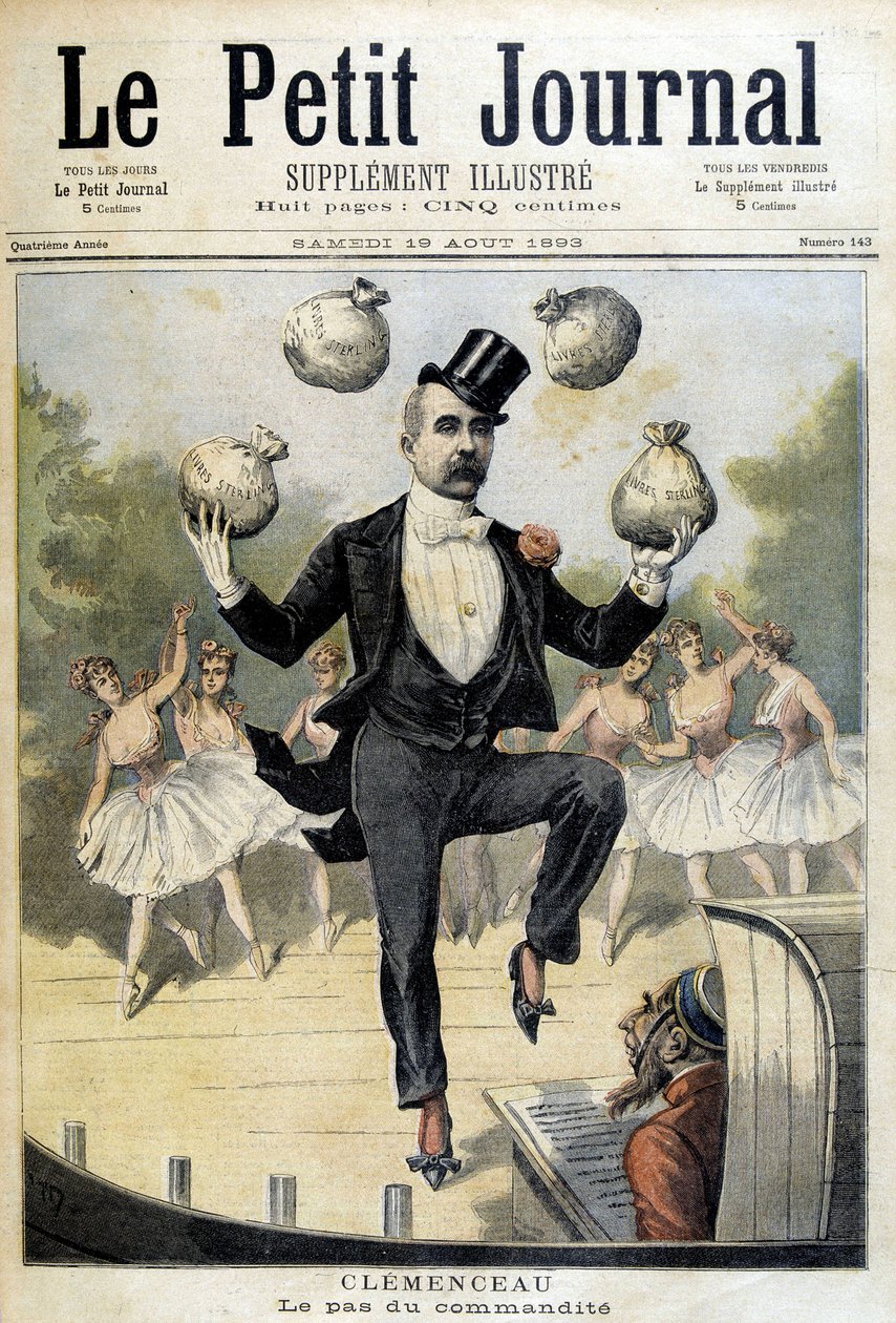 Georges Clemenceau žongluje s librami šterlinků – v „“Le Petite Journal““ z 19.8.1893 od Henri Meyer