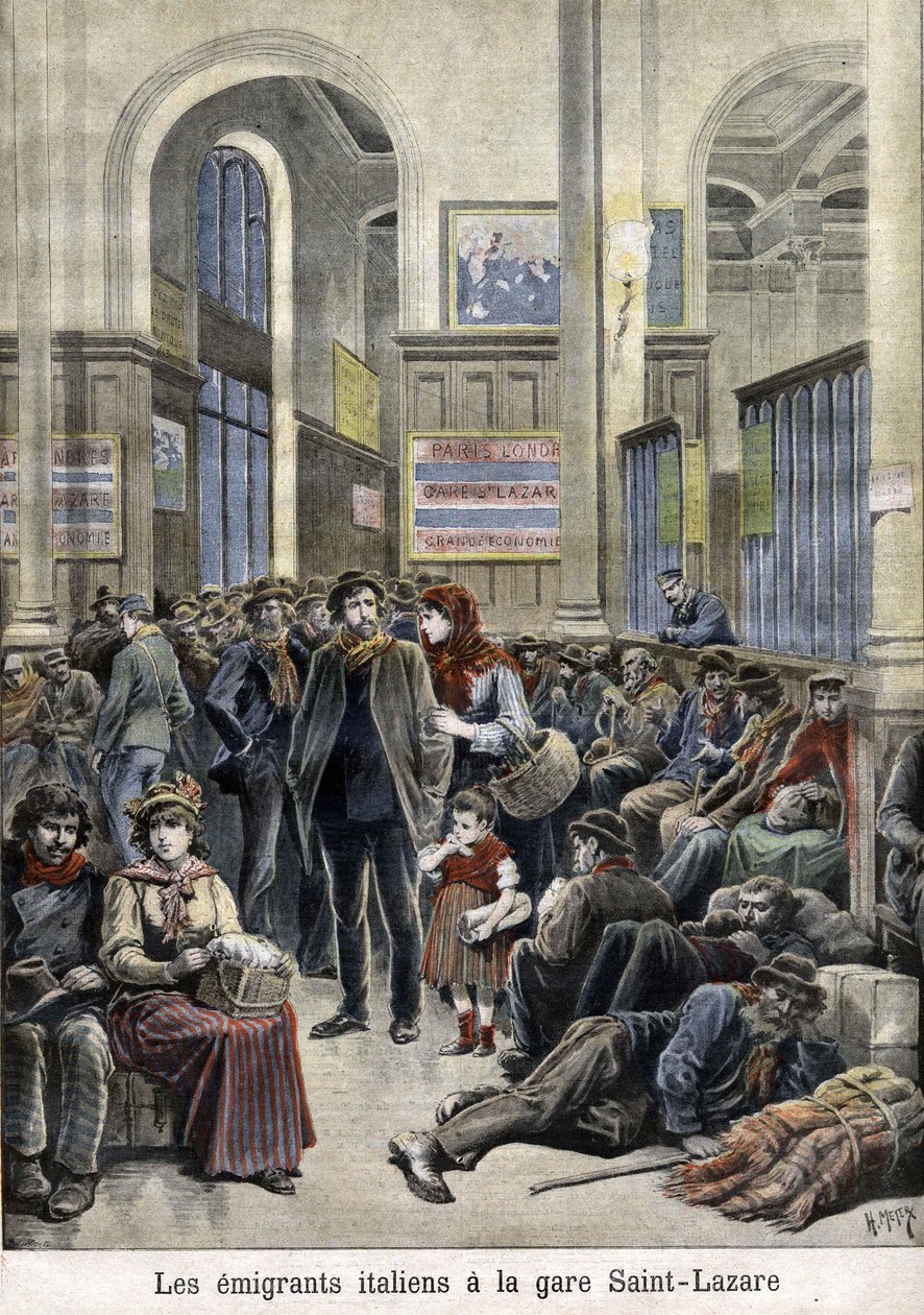 Italští emigranti na stanici Svatý Lazar (Saint Lazarus) - v "The Petity Journal", březen 1896 od Henri Meyer
