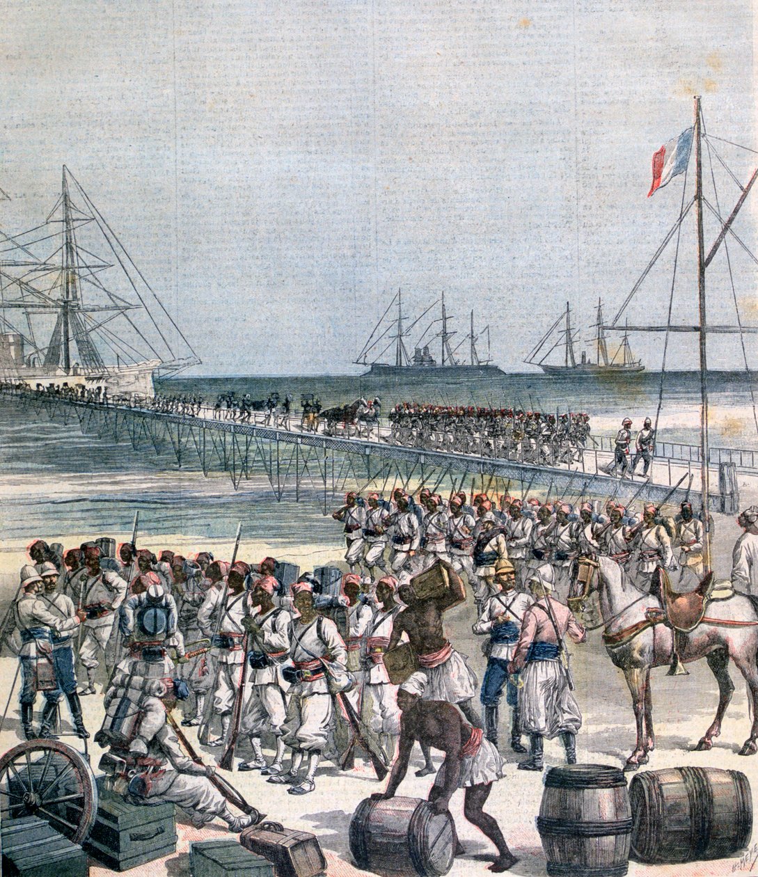 Vylodění senegalských jednotek v New Wharf v Cotonou, Benin, 1892 od Henri Meyer