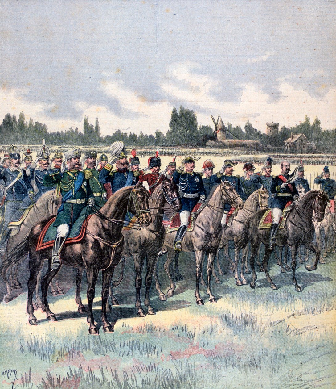 Vojenská revize s generálem Saussierem a zahraničními vojenskými přidělenci, 14. července 1891. od Henri Meyer