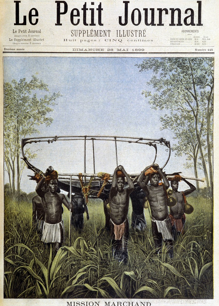 Mise Marchand: kousek parníku Faidharbe v savaně centrální náhorní plošiny, mířící z Konga do Nilu (kresba Henri Meyer z fotografie velitele Marchanda) – v „“Le PetitJournal“““ z 28.5. 1899 od Henri Meyer