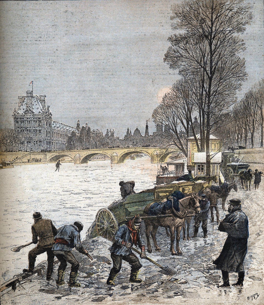 Paříž pod sněhem v roce 1895 Malé noviny z roku 1895 (rytina) od Henri Meyer