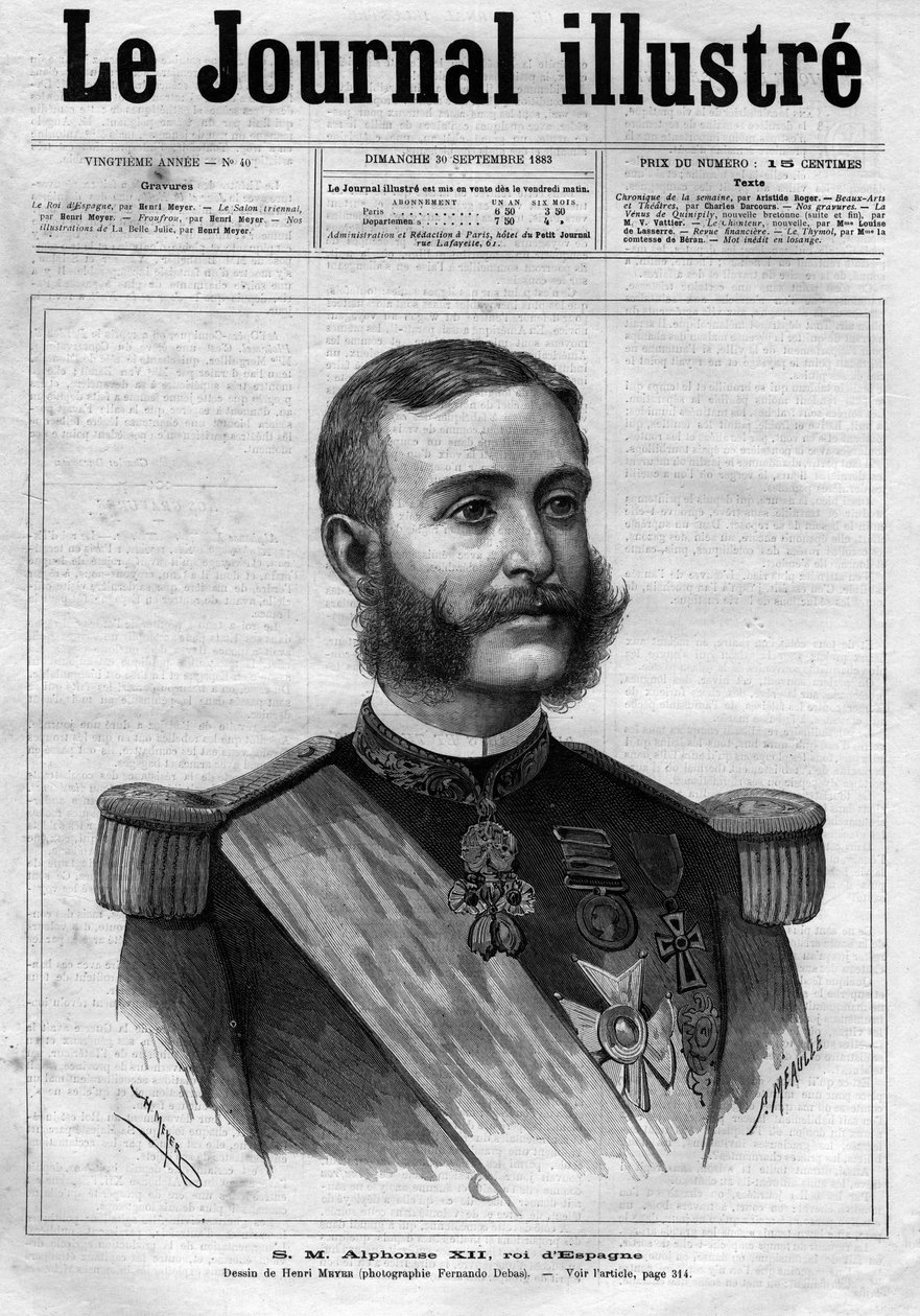Portrét Alfonse XII. Španělského (Alfonse XII.) (1857-1885), španělského krále - Titulní strana „The Illustrous Diary“ z roku 1883 - Kresba Henri Meyer (1844-1899) od Henri Meyer