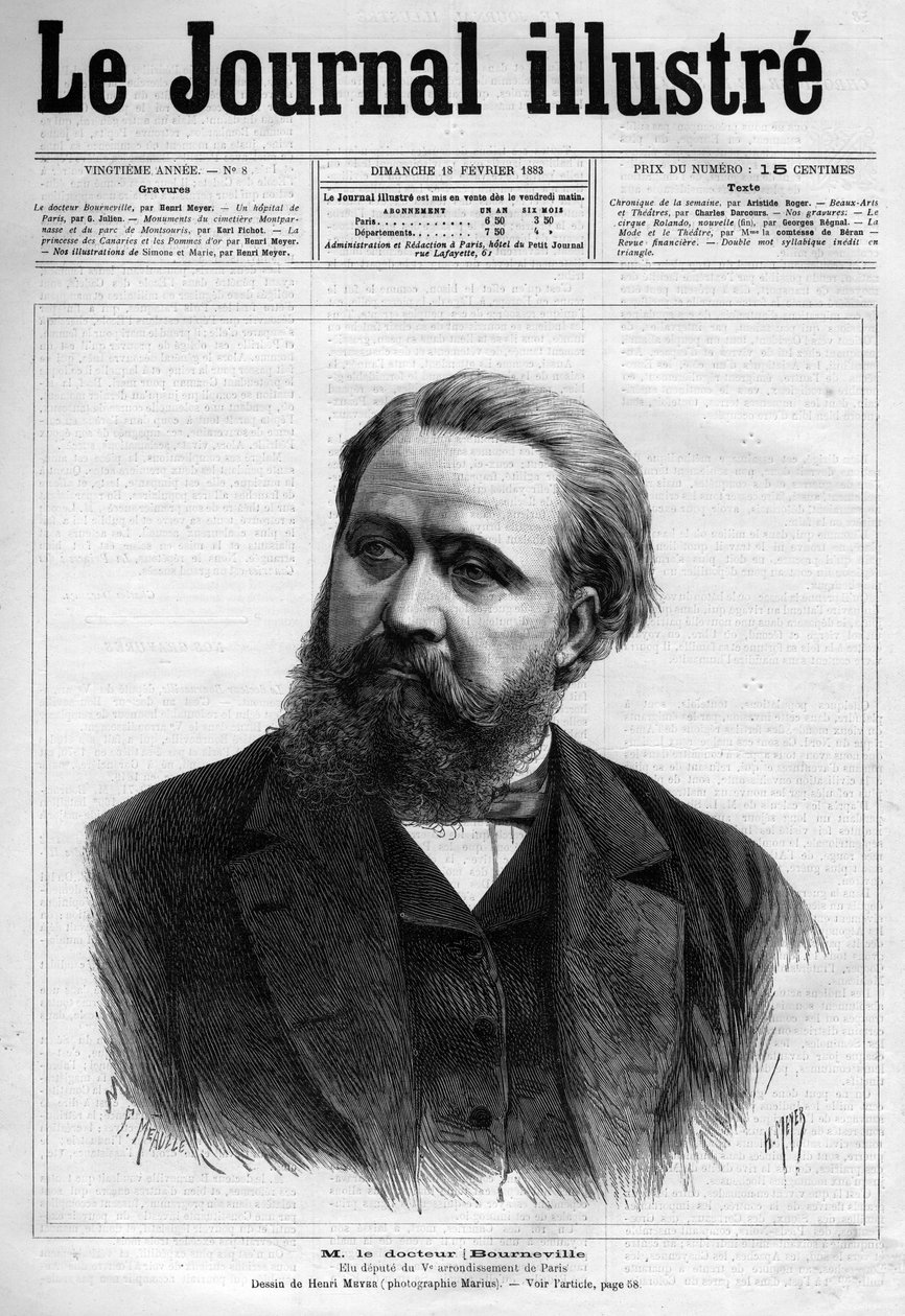 Portrét Desire Magloire Bourneville (1840-1909), francouzského lékaře neurologa - Titulní strana „“Le journal illustrious““ z roku 1883 – Kresba Henri Meyer (1844-1899) od Henri Meyer