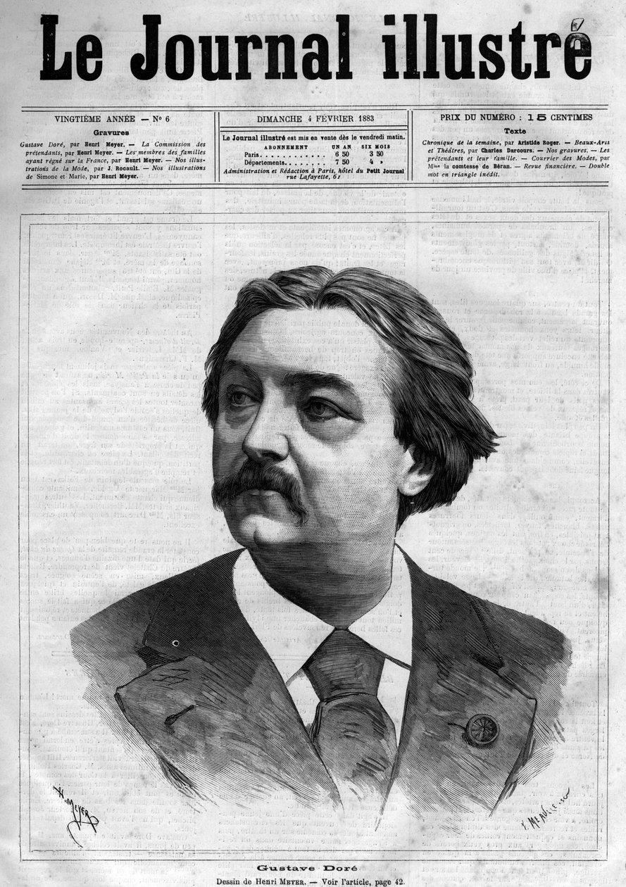 Portrét Gustava Dorea (1832-1883), francouzského malíře a karikaturisty - Titulní strana "The Illustrious Journal" z roku 1883 - Kresba Henri Meyer (1844-1899) od Henri Meyer