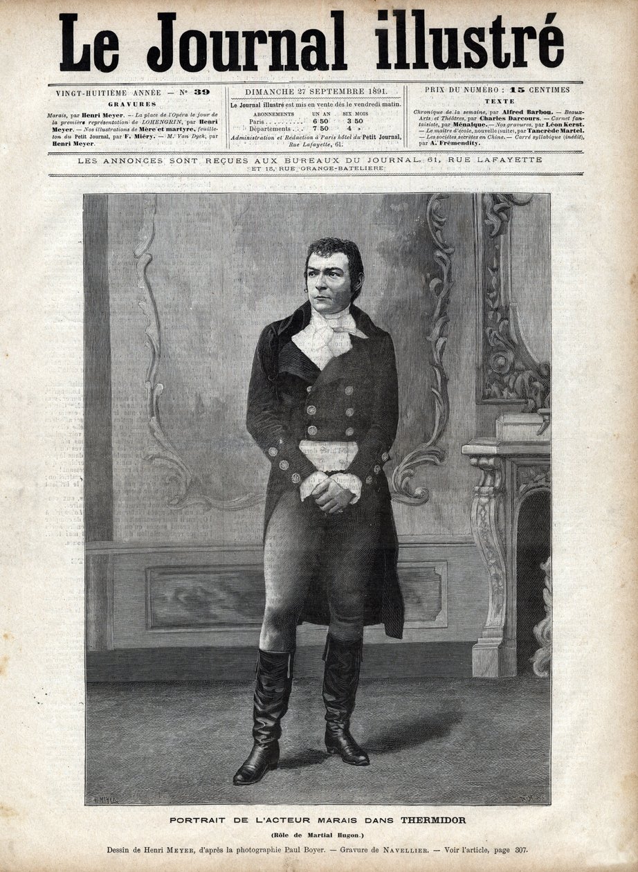 Portrét Leona Maraise (1853-1891) v „Thermidoru““ od viktoriána Sardoua v roli Martiala Hugona – kresba Henri Meyer, rytina Navellier v „The Illustrous Diary““ z roku 1891 od Henri Meyer