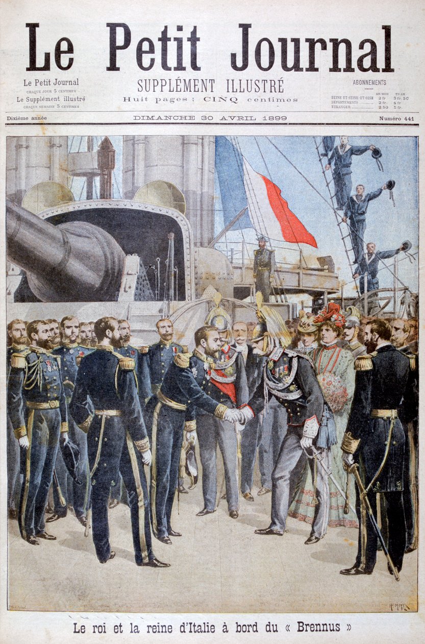 Král, královna Itálie na palubě francouzské bitevní lodi Brennus, 1899 od Henri Meyer