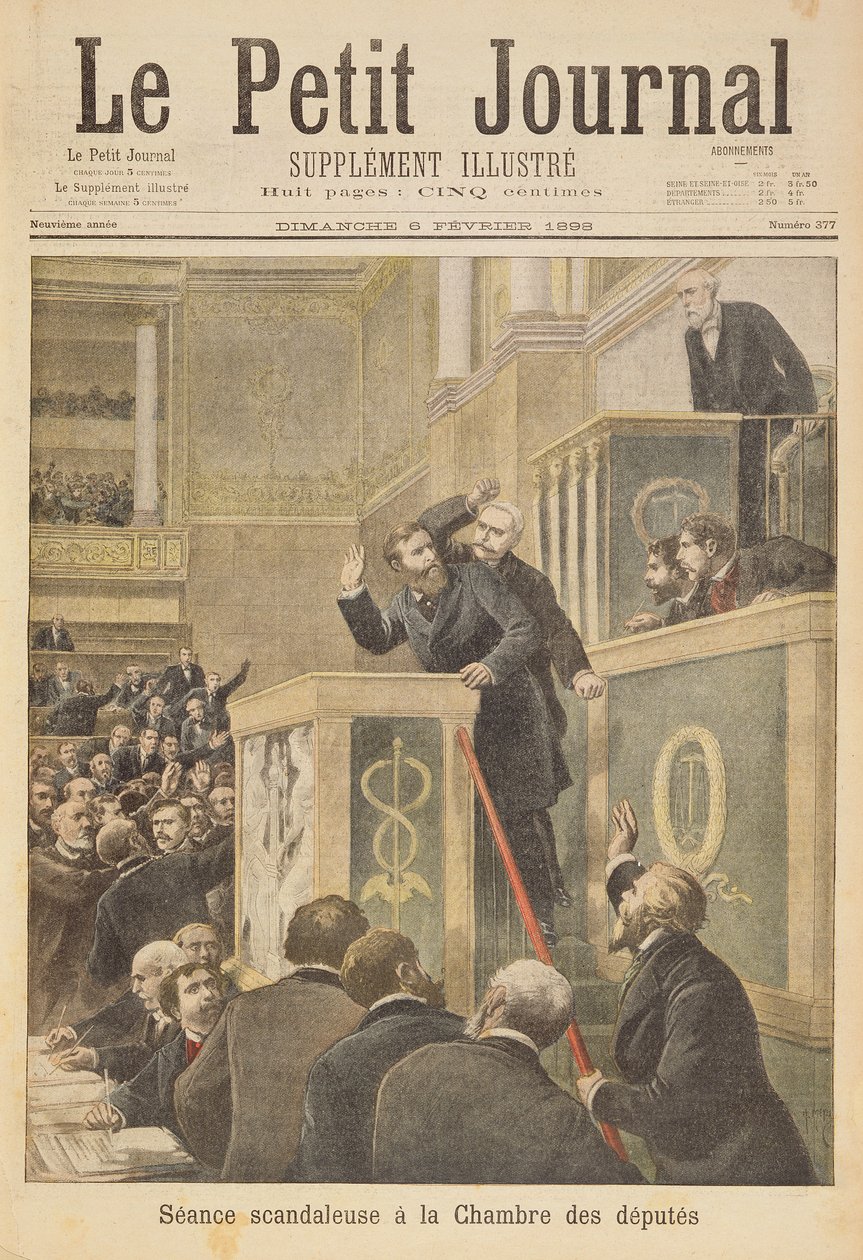 Titulní strana zobrazující skandální schůzi Poslanecké sněmovny: Jean Jaures napaden Bernisem během debaty o Dreyfusově aféře, ilustrace z ilustrované přílohy Le Petit Jou od Henri Meyer
