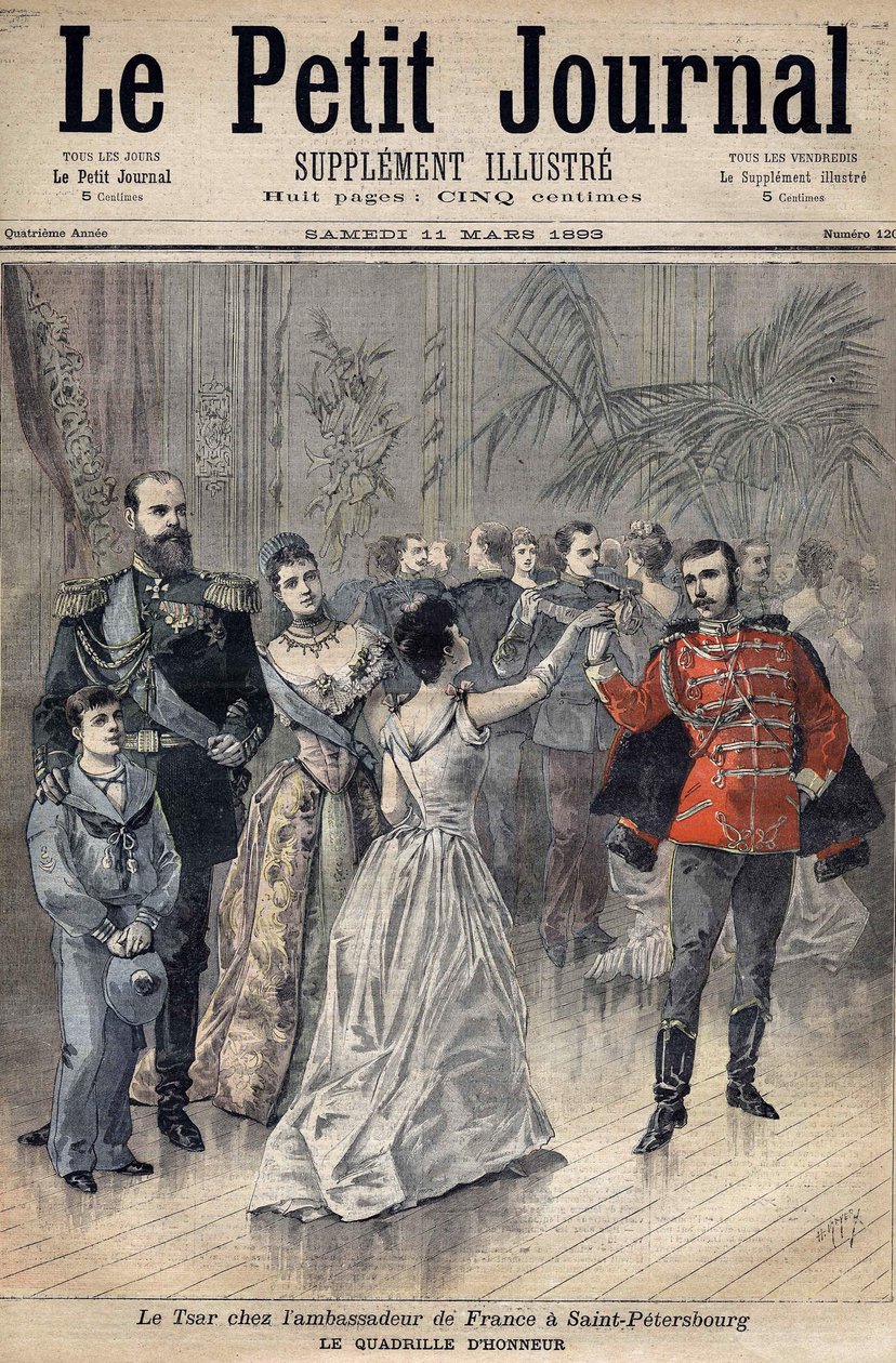 Car Alexander III u velvyslance Francie hraběte z Montebella v Petrohradě v roce 1893. Čestná mřížka. Obal Le Petit Journal 1893 (gravírování) od Henri Meyer
