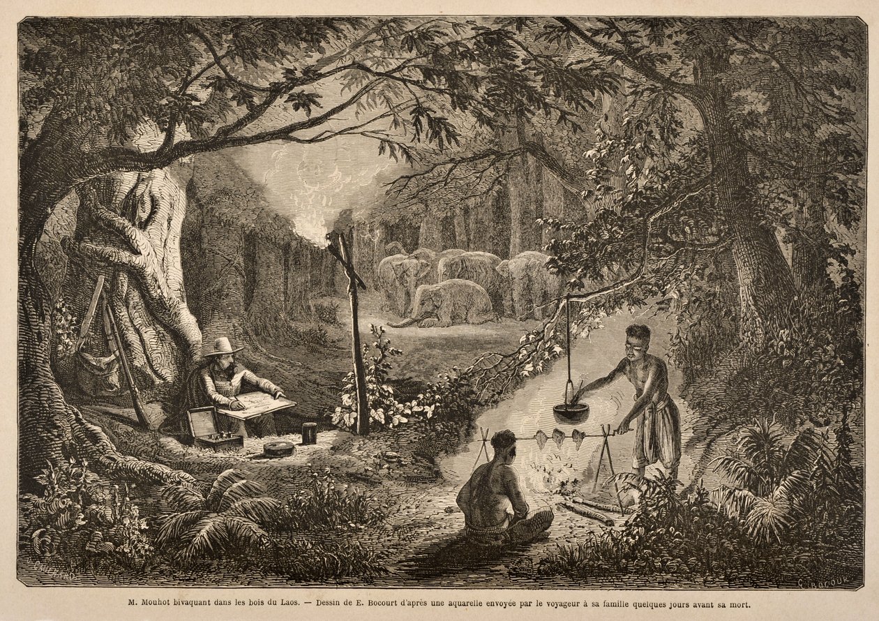 Henri Mouhot Camping in the Jungles of Laos, ilustrace z 