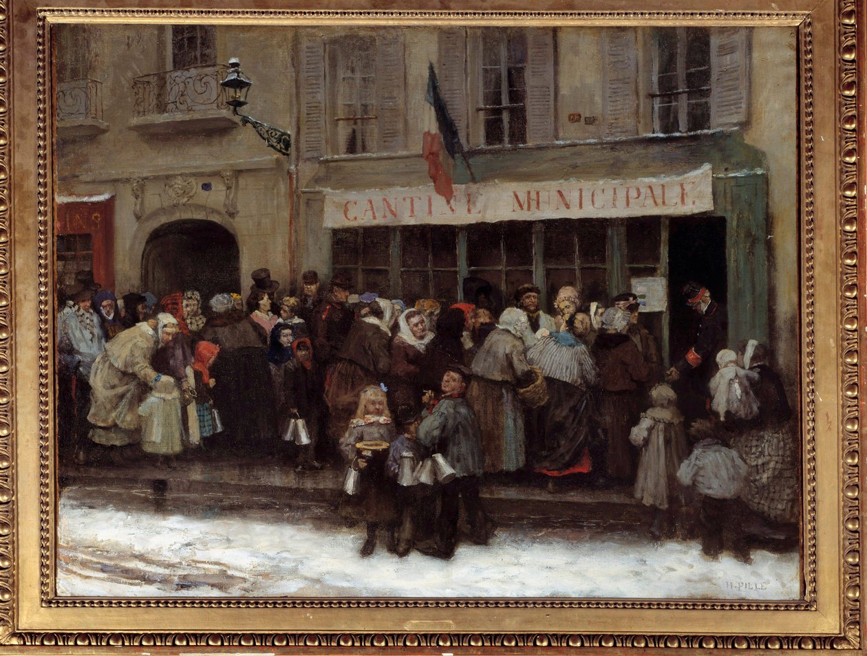 Městská jídelna během obléhání Paříže v roce 1870 Pařížané v době obléhání města Prusy spěchají před městskou jídelnou. Obraz Henri Pille (1844-1897) od Henri Pille
