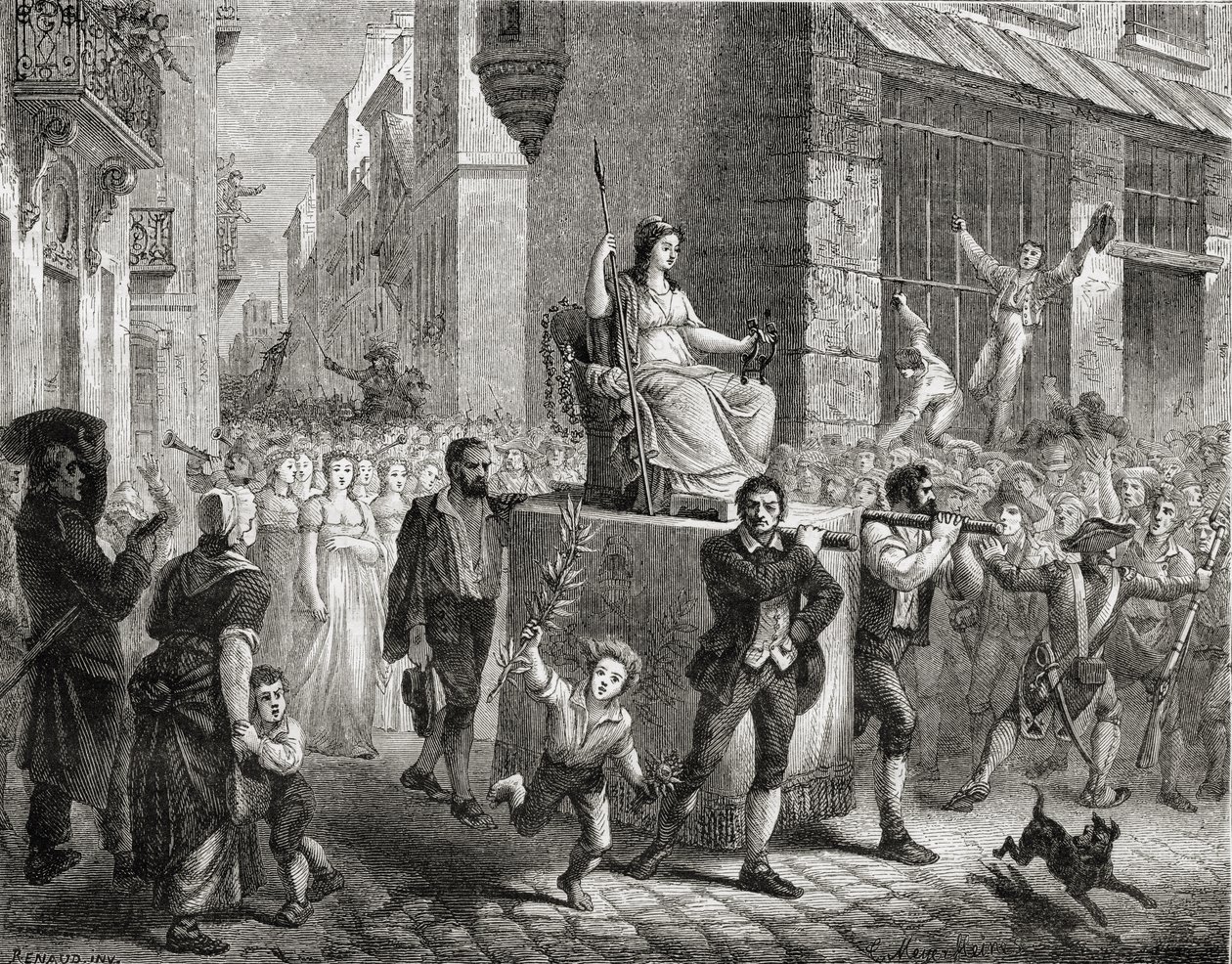 Průvod bohyně rozumu, 10. listopadu 1793, z „Histoire de la Revolution Francaise“ od Louise Blanca (1811-82), vyryl Meyer-Heine, 1847-62 od Henri Renaud