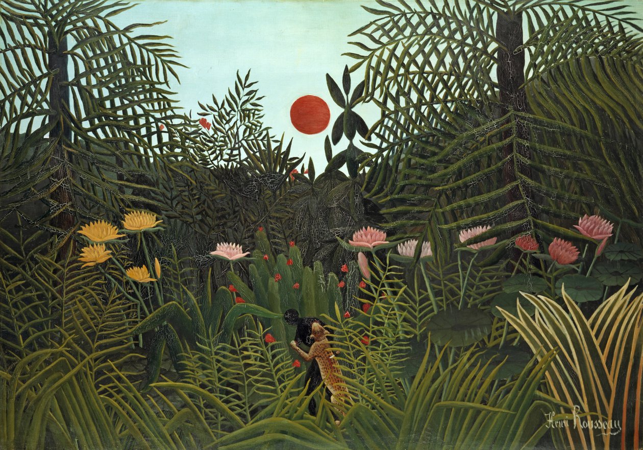 Musta henkilö Jaguarin kimppuun, 1910 od Henri Rousseau