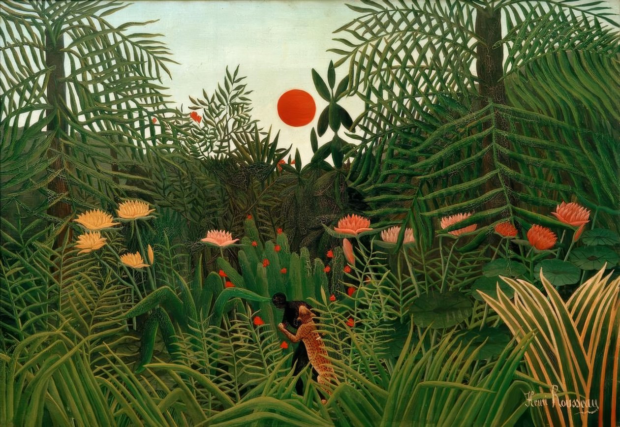 Panenský les při zapadajícím slunci. Černý napaden leopou od Henri Rousseau