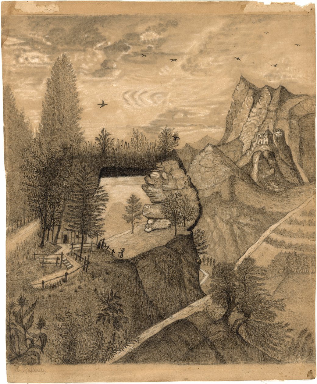 Turisté šplhající k horské chatě od Henri Rousseau