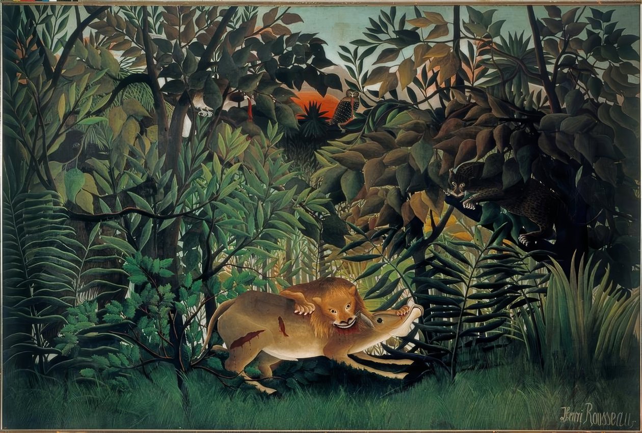 Lev, hladový, se vrhne na antilopu od Henri Rousseau
