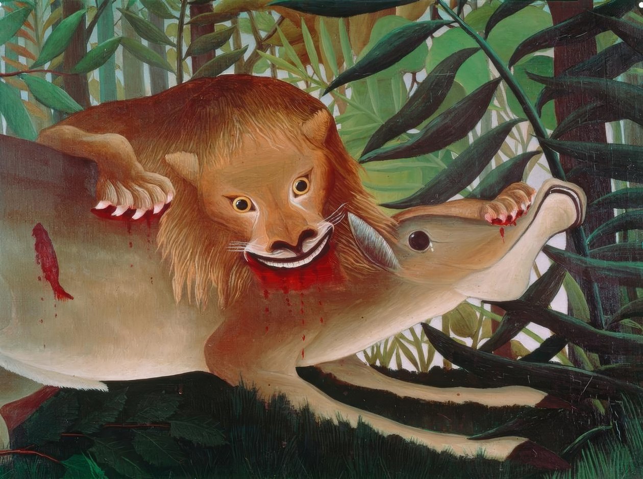 Lev, hladový, se vrhne na antilopu od Henri Rousseau