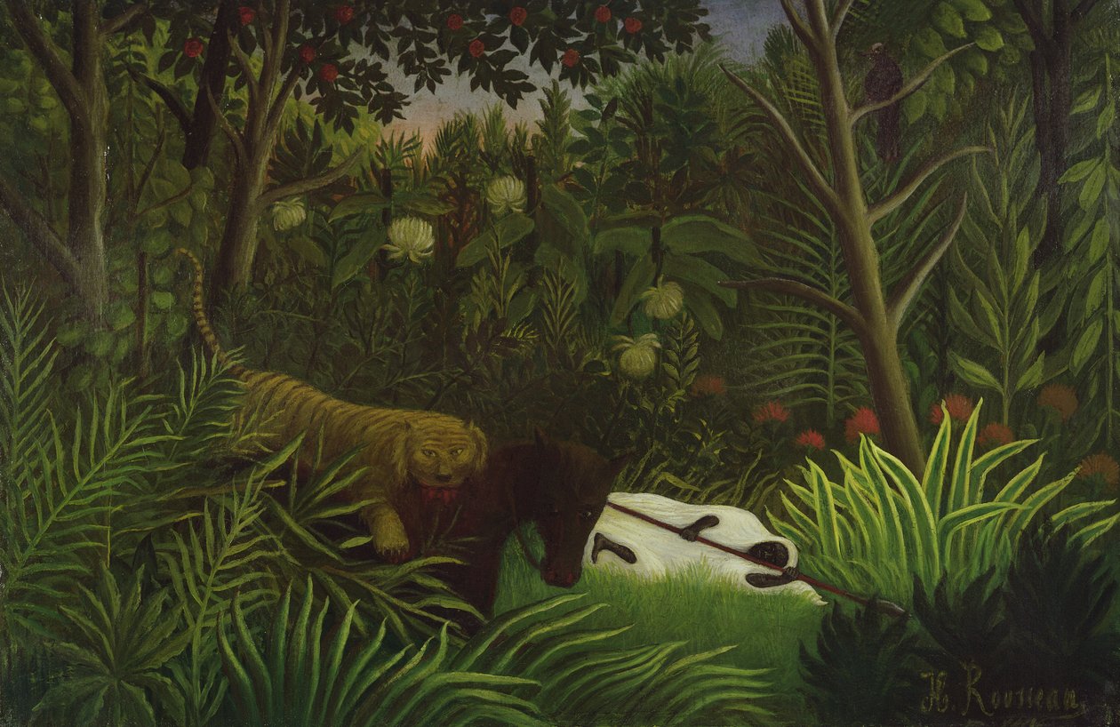 Tygr útočí na koně a spícího černocha od Henri Rousseau