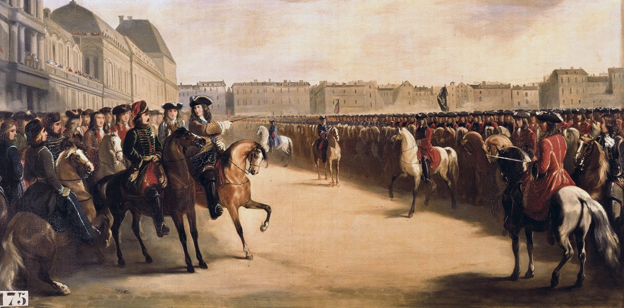 Car Petr I. Veliký z Ruska (1672-1725) v doprovodu regenta Filipa II., vévody z Orleansu (1674-1723) při jeho návštěvě Francie hodnotí jízdní jednotky v Tuileries (Paříž) dne 16.06.1717 od Henri Serrur