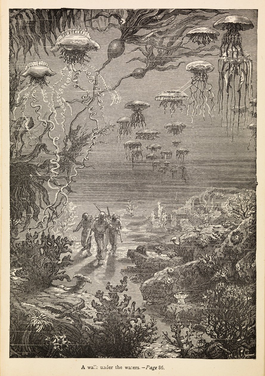 "Procházka pod vodou" z filmu "20 000 mil pod mořem", asi 1870 (rytina) od Henri Theophile Hildibrand