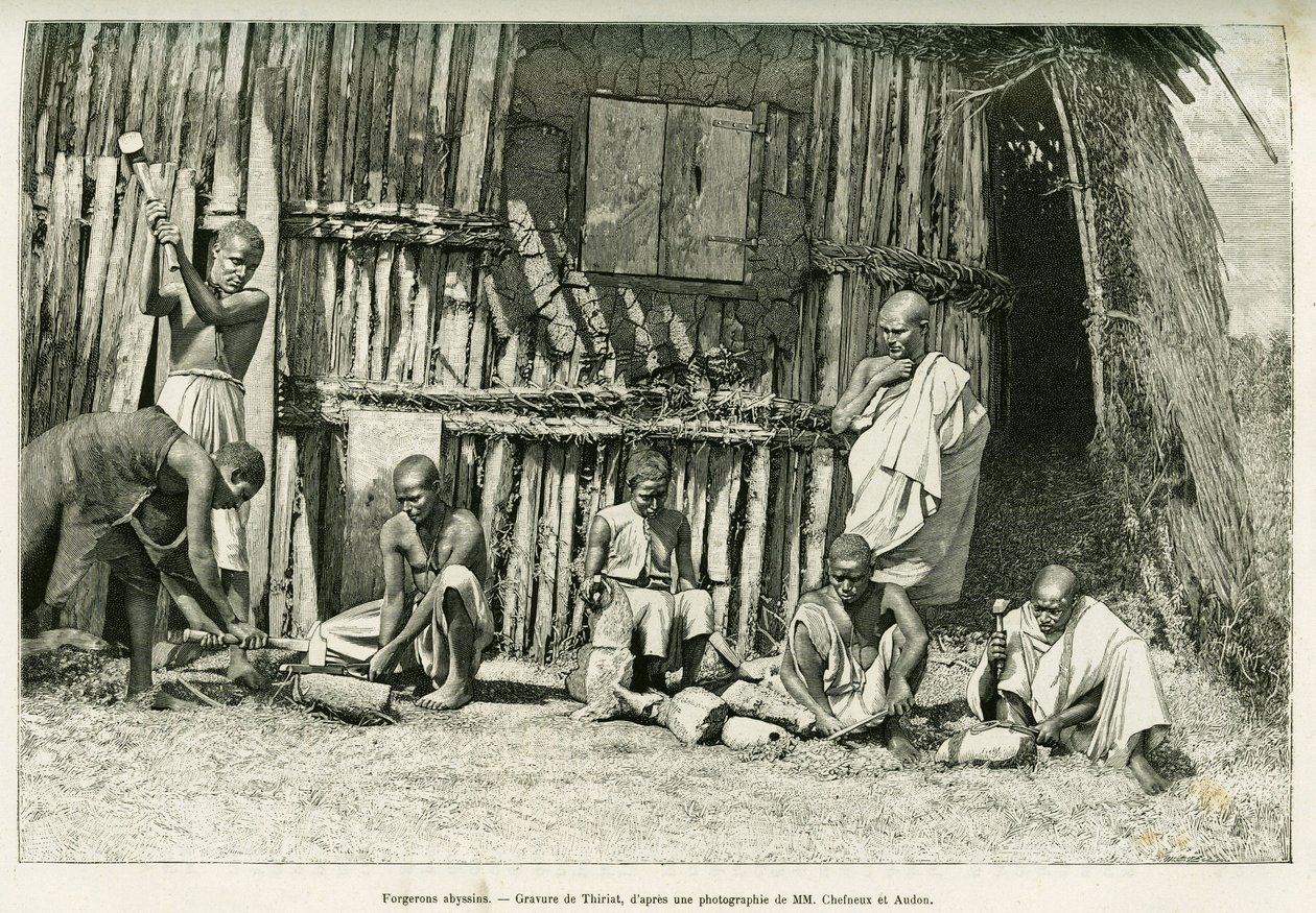 Habešští kováři. Rytina Thiriata po fotografii pro ilustraci příběhu Voyage au Choa (Abyssinie meridionale) od Henri Thiriat