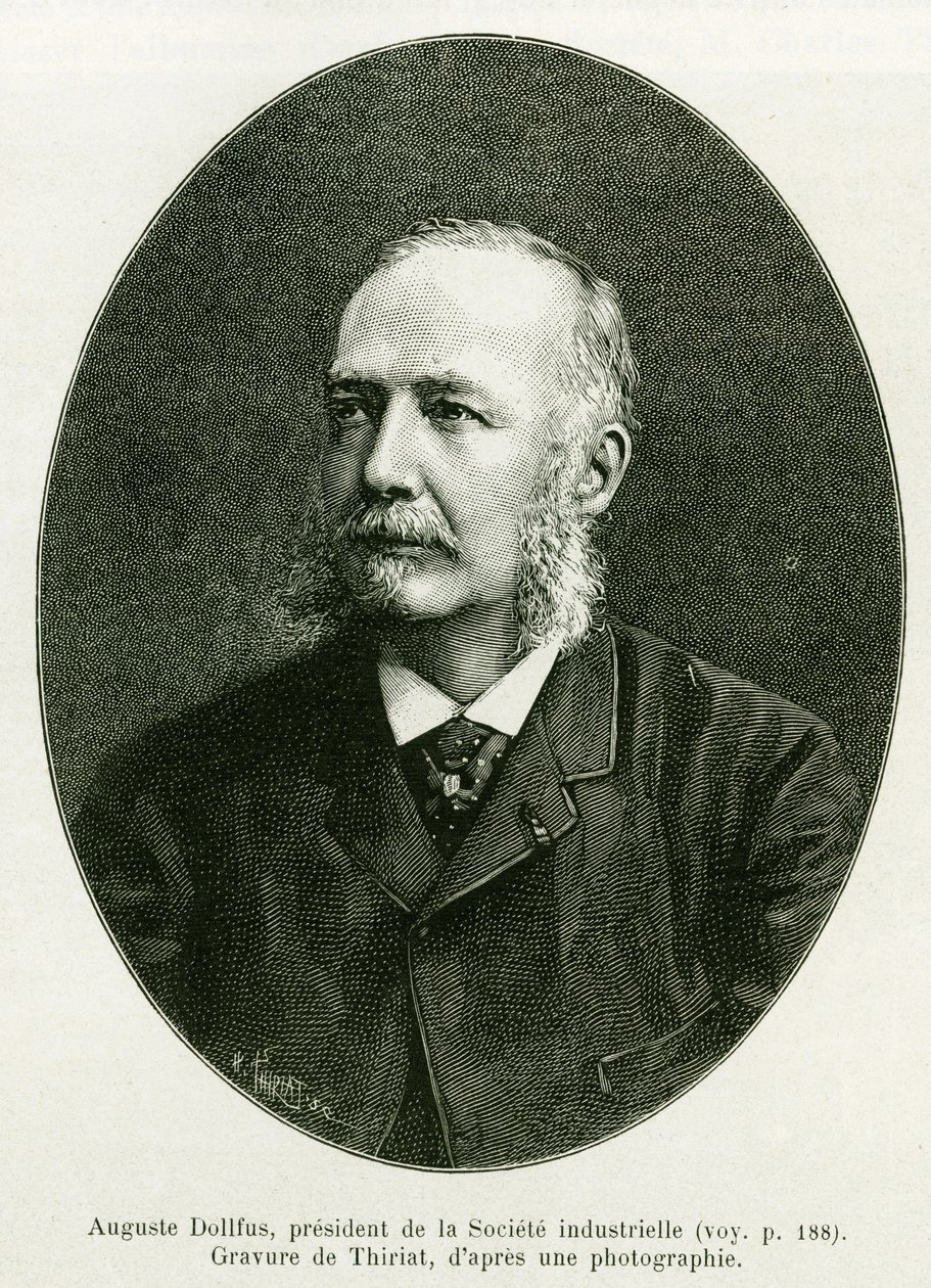 Auguste Dollfus, prezident průmyslové společnosti Dollfus Mieg. Rytina od Thiriata k ilustraci příběhu A Through Alsace and Lorraine, Charles Grad, německý zástupce, v roce 1885, v tour du monde 1886, pod vedením Edouarda Chartona (1807 od Henri Thiriat