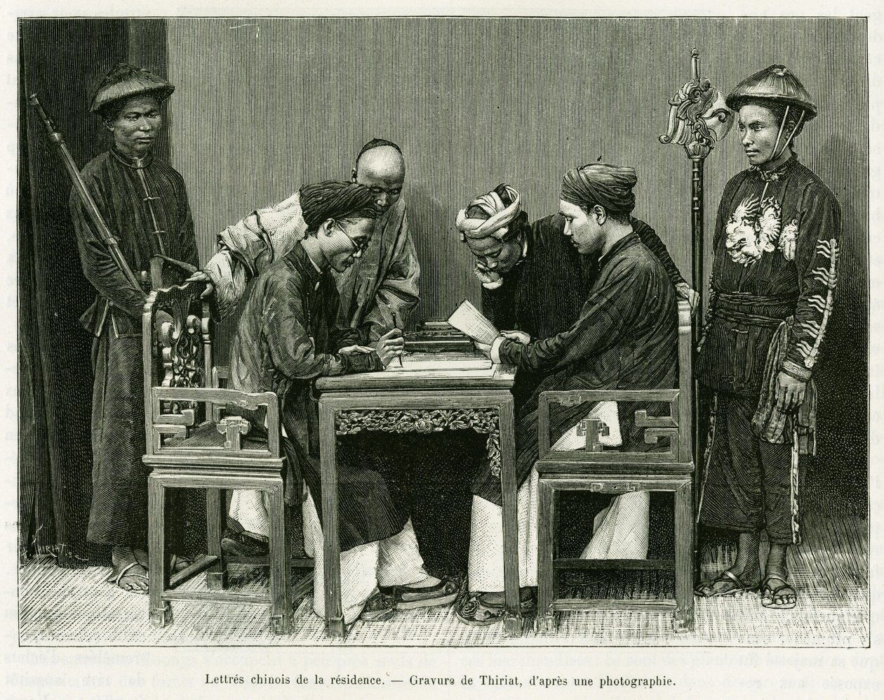 Čínské dopisy z francouzské rezidence v Hanoji. Rytina Thiriata, po fotografii, k ilustraci příběhu Trente mois au Tonkin v roce 1884, od doktora Hocquarda, in le tour du monde 1889, režie Edouard Charton (1807-1890), Hachette, Paříž. od Henri Thiriat