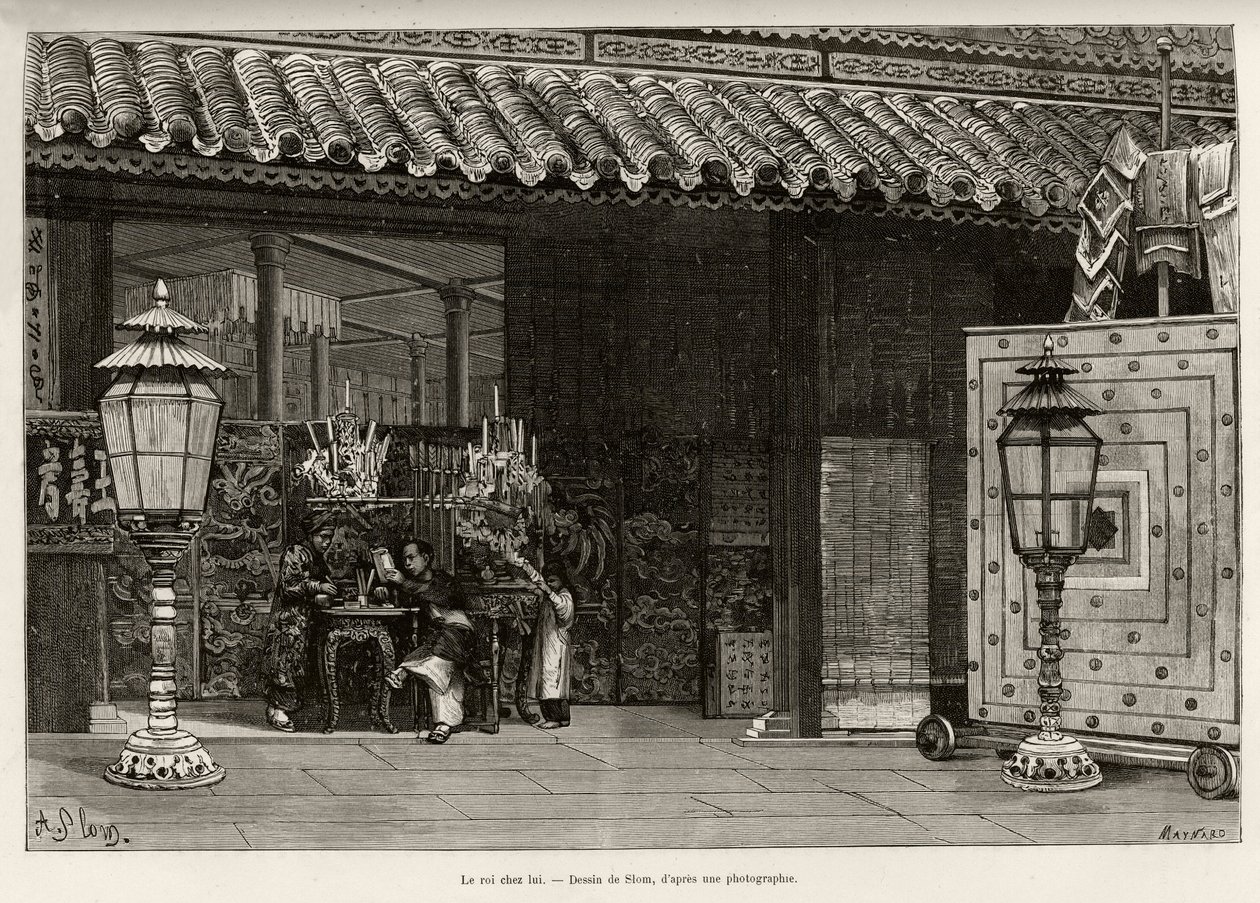 Král Dong Khanh (1864-1889) císař z Annamu, domov v císařském městě Hue (Vietnam). Rytina od Thiriata k ilustraci příběhu „“ Trente mois au Tonkin““ od Dr. Charlese Edouarda Hocquarda (1853-1911), v roce 1885, v Le tour du monde, nouveau journal de od Henri Thiriat