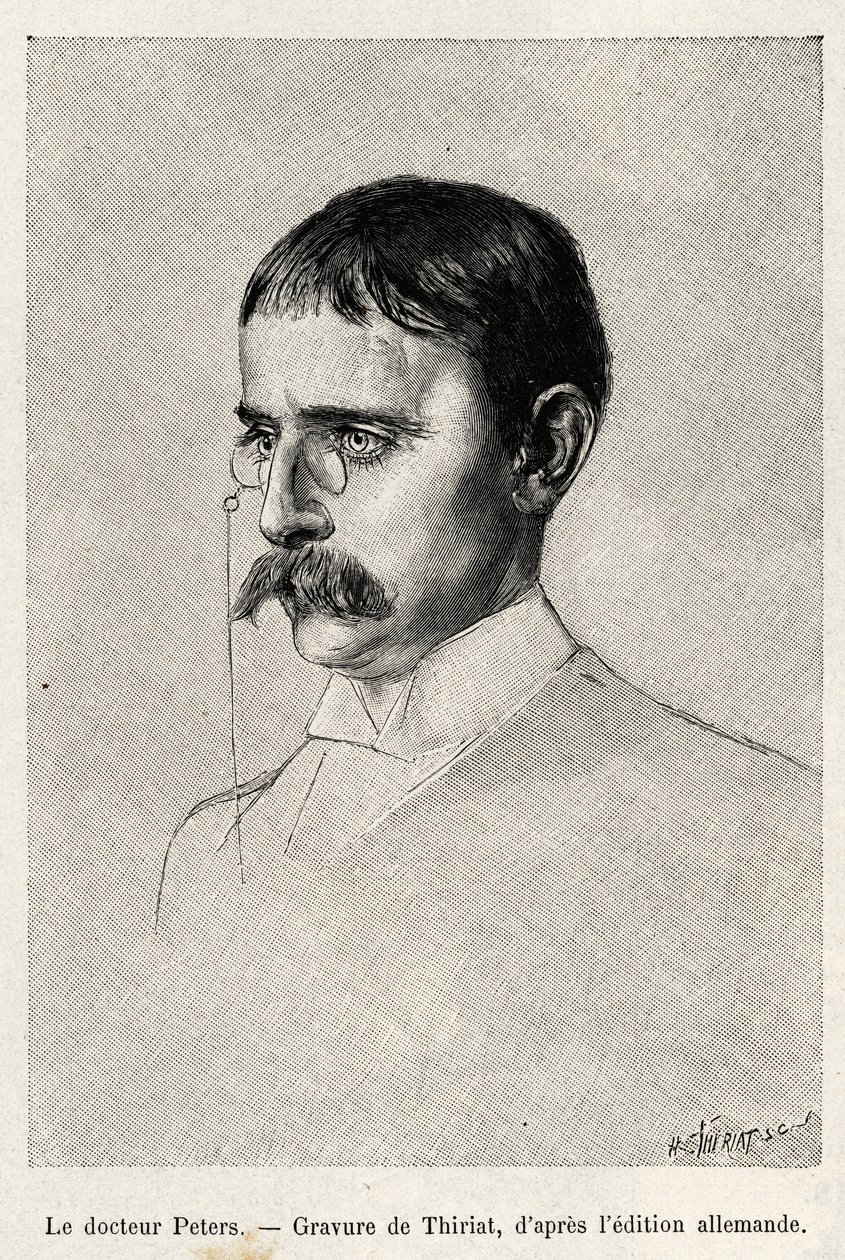 Portrét Dr. Carla Peterse (1856-1918), německého cestovatele. Rytina od Thiriata k ilustraci příběhu „“Au secours d