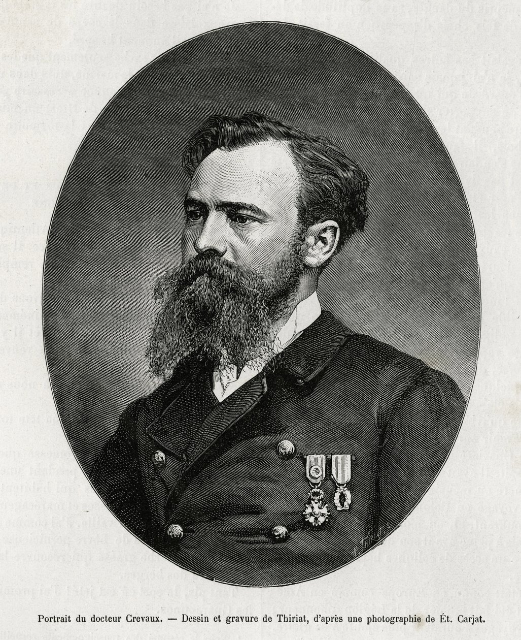 Portrét Dr. Julese Nicolase Crevauxe (1847-1882), lékaře a cestovatele po Jižní Americe (od Francouzské Guyany po Argentinu), velmi se zajímal o studium morálky a historie populací, se kterými se na svých cestách setkal, redigoval četná kniha od Henri Thiriat