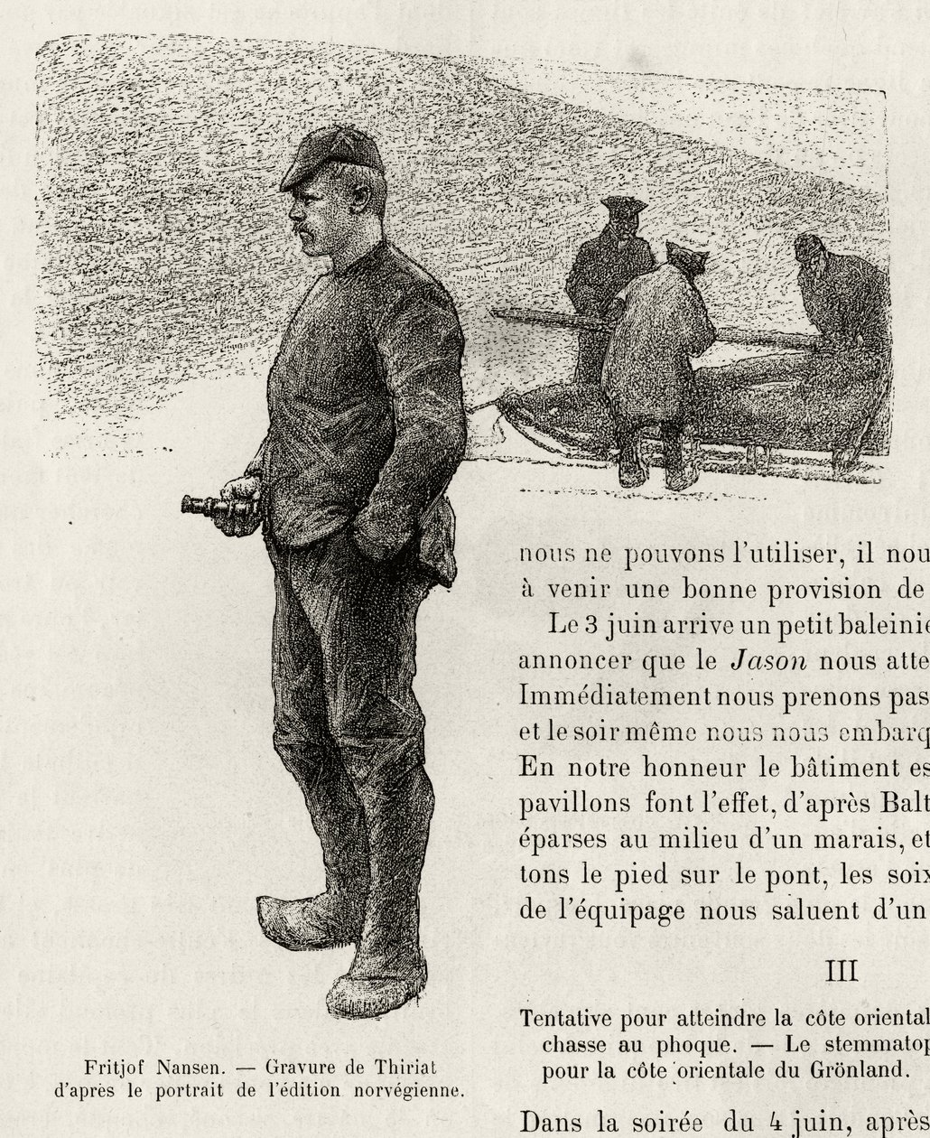 Portrét Fridtjofa Nansena (1861-1930), norského polárníka. Rytina od Thiriata k ilustraci příběhu „“ La Premiere traversee du Greenland““ od Fridtjofa Nansena (1861-1930), v roce 1888, v Le tour du monde, nouveau journal des voyages, editoval Edo od Henri Thiriat