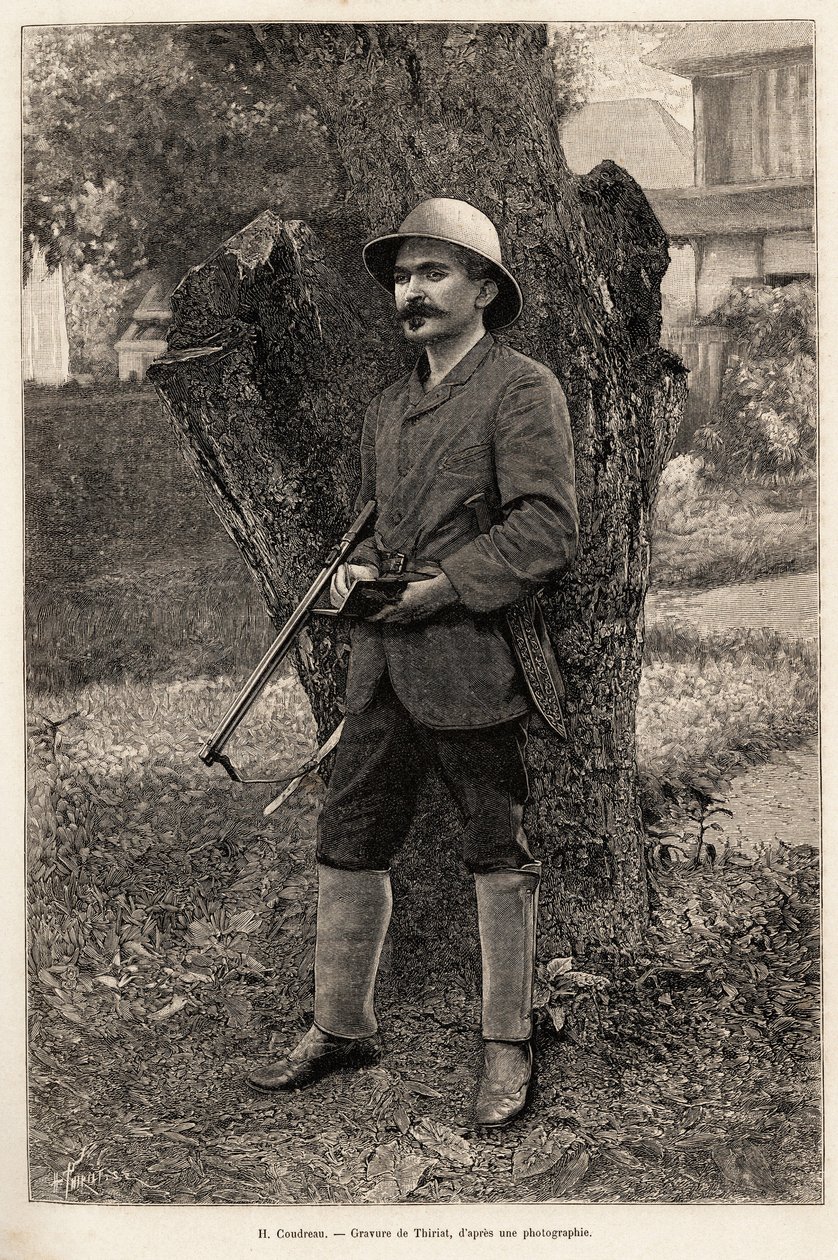 Portrét Henriho Coudreaua (1859-1899), profesora geografie a průzkumníka Amazonie (Brazílie). Rytina od Thiriata k ilustraci příběhu „“ mezi našimi Indiány, čtyři roky cestování po Francouzské Guyaně ““ od Henri Thiriat