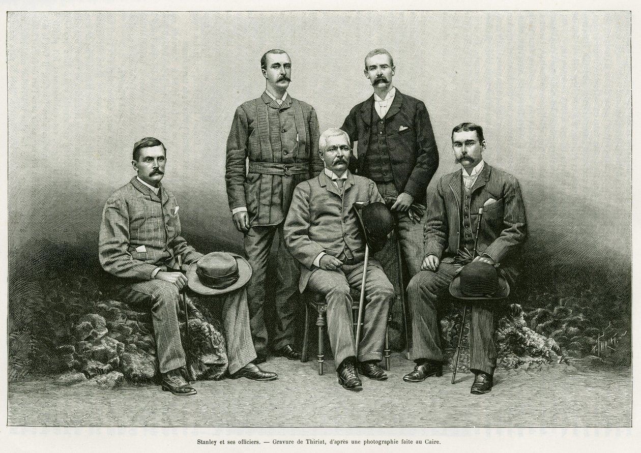 Portrét Henryho Mortona Stanleyho (John Rowlands 1841-1904) obklopuje zleva jeho důstojníky: Dr. Thomas Heazle Parke (1857-93), Robert H. Nelson, William G. Stairs a Arthur J. M. Jephson. Rytina od Thiriata k ilustraci příběhu Dans les tenebr od Henri Thiriat