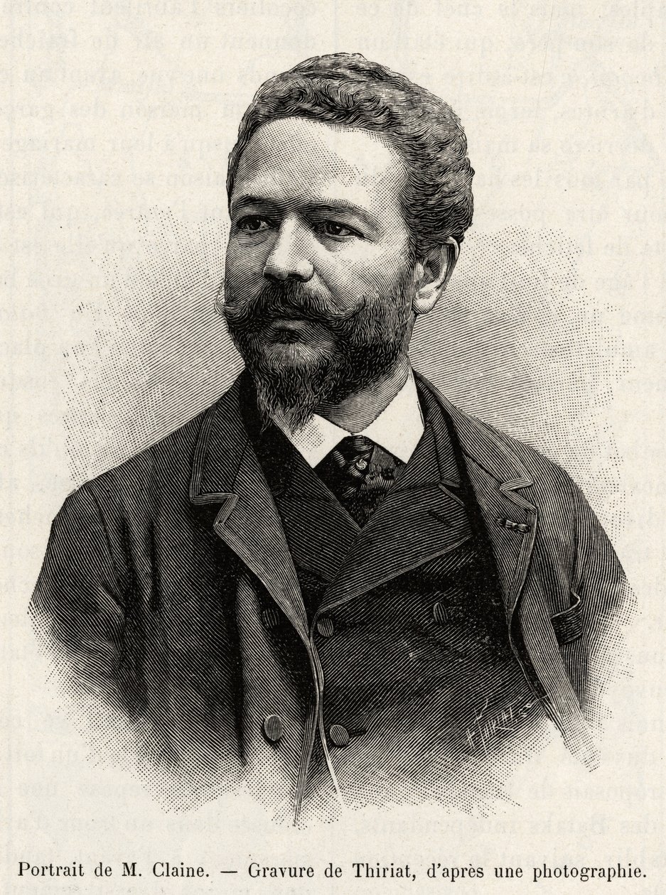 Portrét Julese Clainea (1856-1939), cestovatele a diplomata, autora příběhu. Rytina od Thiriata k ilustraci příběhu „“ jeden rok v Malajsii“ od Julese Clainea (1856-1939) od Henri Thiriat