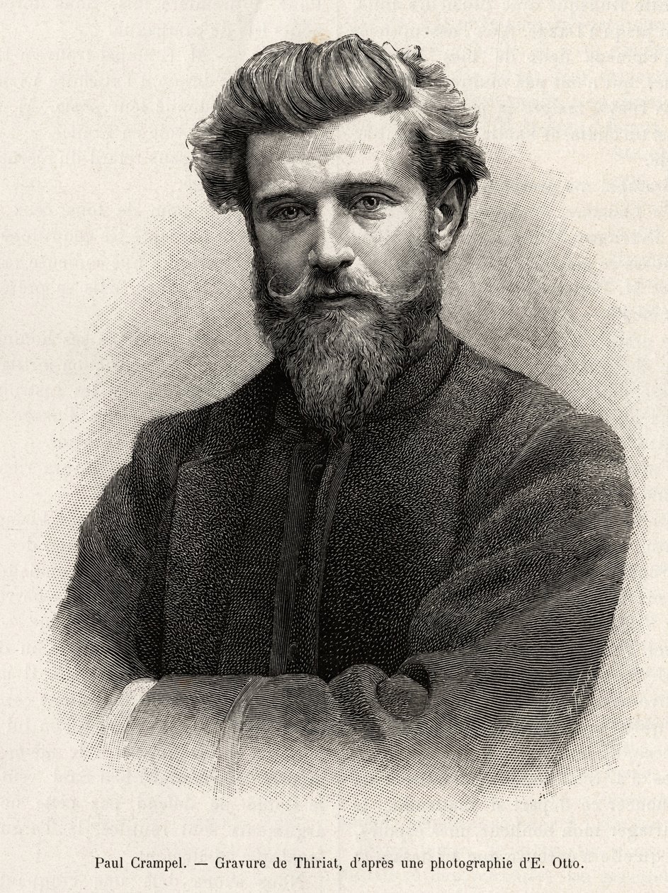 Portrét Paula Crampela (1864-1891), francouzského průzkumníka střední Afriky. Rytina Henriho Thiriata k ilustraci příběhu „“ La mission Crampel “, od Alberta Nebouta (1862-1939), v roce 1890, v Le tour du Monde 1892, režie Edouard Charton (1807-1891), H od Henri Thiriat