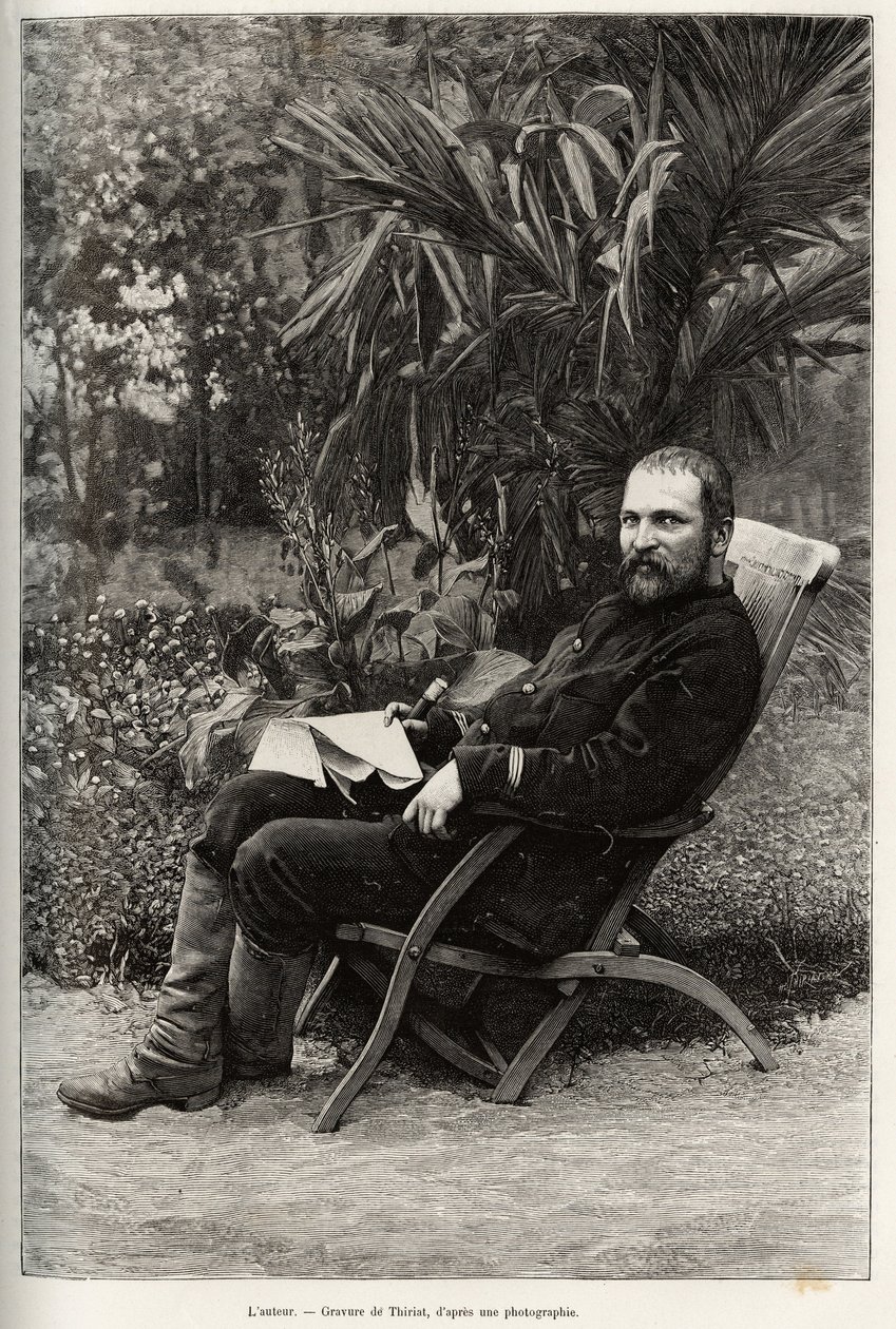 Portrét autora Dr. Charlese Edouarda Hocquarda (1853-1911), majora medicíny 1. třídy. Rytina od Thiriata k ilustraci příběhu „“ Trente mois au Tonkin““ od Dr. Charlese Edouarda Hocquarda (1853-1911), v roce 1885, v Le tour du monde, nouveau journal od Henri Thiriat