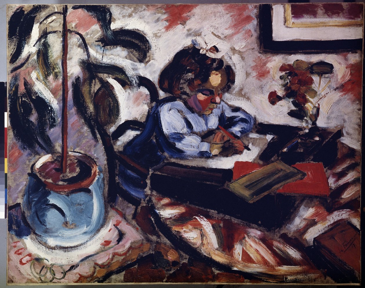 "La petite ecoliere"" (Malá školačka) Holčička si dělá školní úkoly. Obraz Henri Victor Gabriel Le Fauconnier (1881-1946) 1907 Rozměr 73x92 cm Muzeum Ermitáž, Petrohrad (Saint-Petersburg) od Henri Victor Gabriel Le Fauconnier