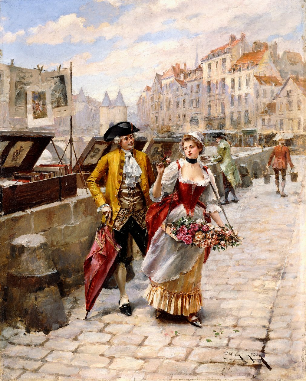 Gentleman a Flower Girl poblíž knižních stánků u Seiny, od Henri Victor Lesur