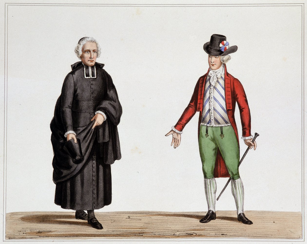 Zástupce duchovního a muž v módě ze září 1789 – Litografie padoucha, ze sbírky kostýmů, zbraní a nábytku, které sloužily v dějinách Francouzské revoluce a impéria, hrabě Horace de Viel Castel, vydání Canson od Henri Villain
